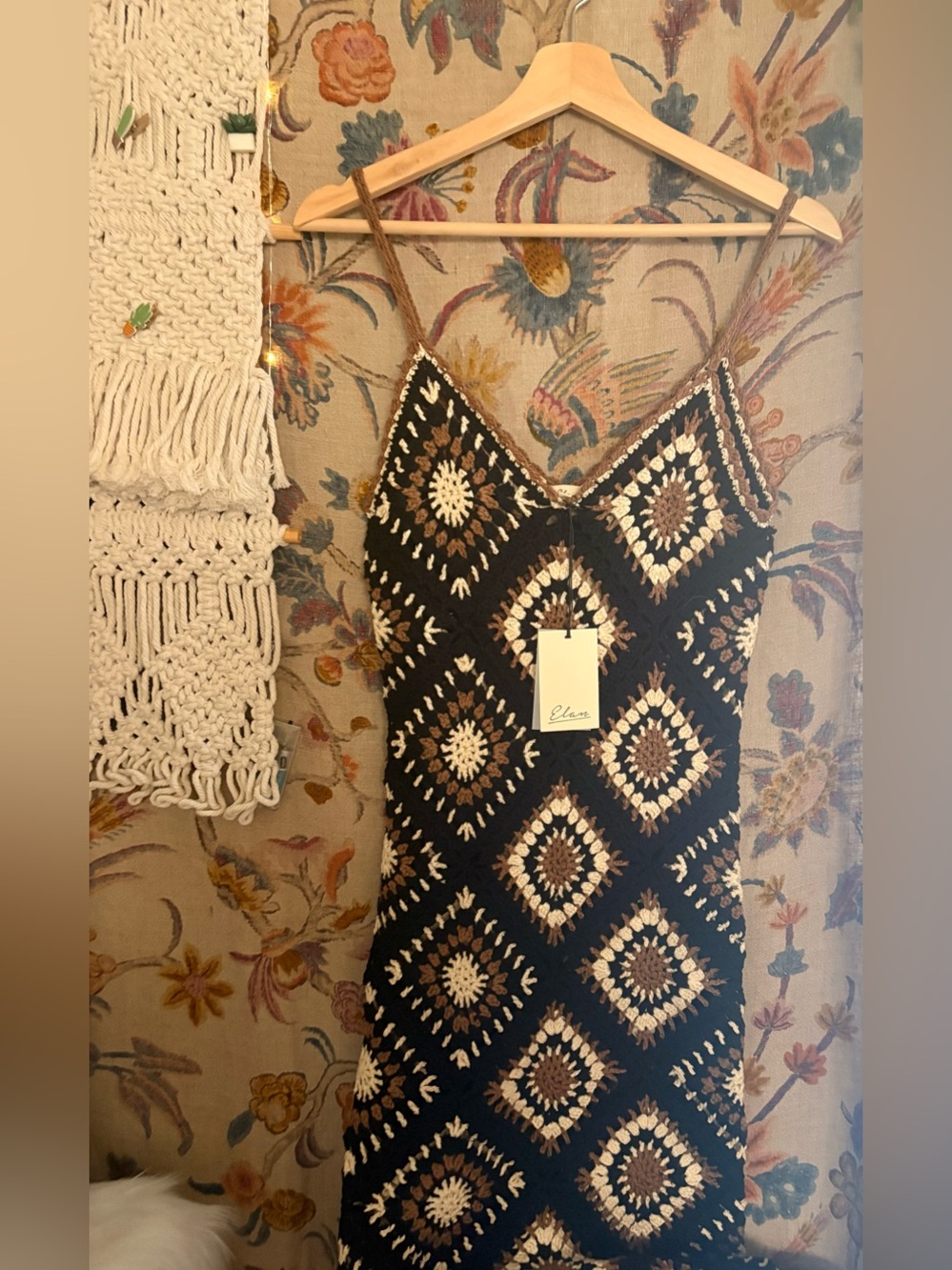 Elan Black, Brown & Cream Crochet Diamond Slip Dress